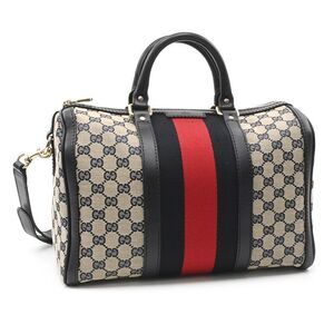 Gucci Boston Bag GG Canvas Navy Blue Sherry Line Web Stripe Handbag Shoulder